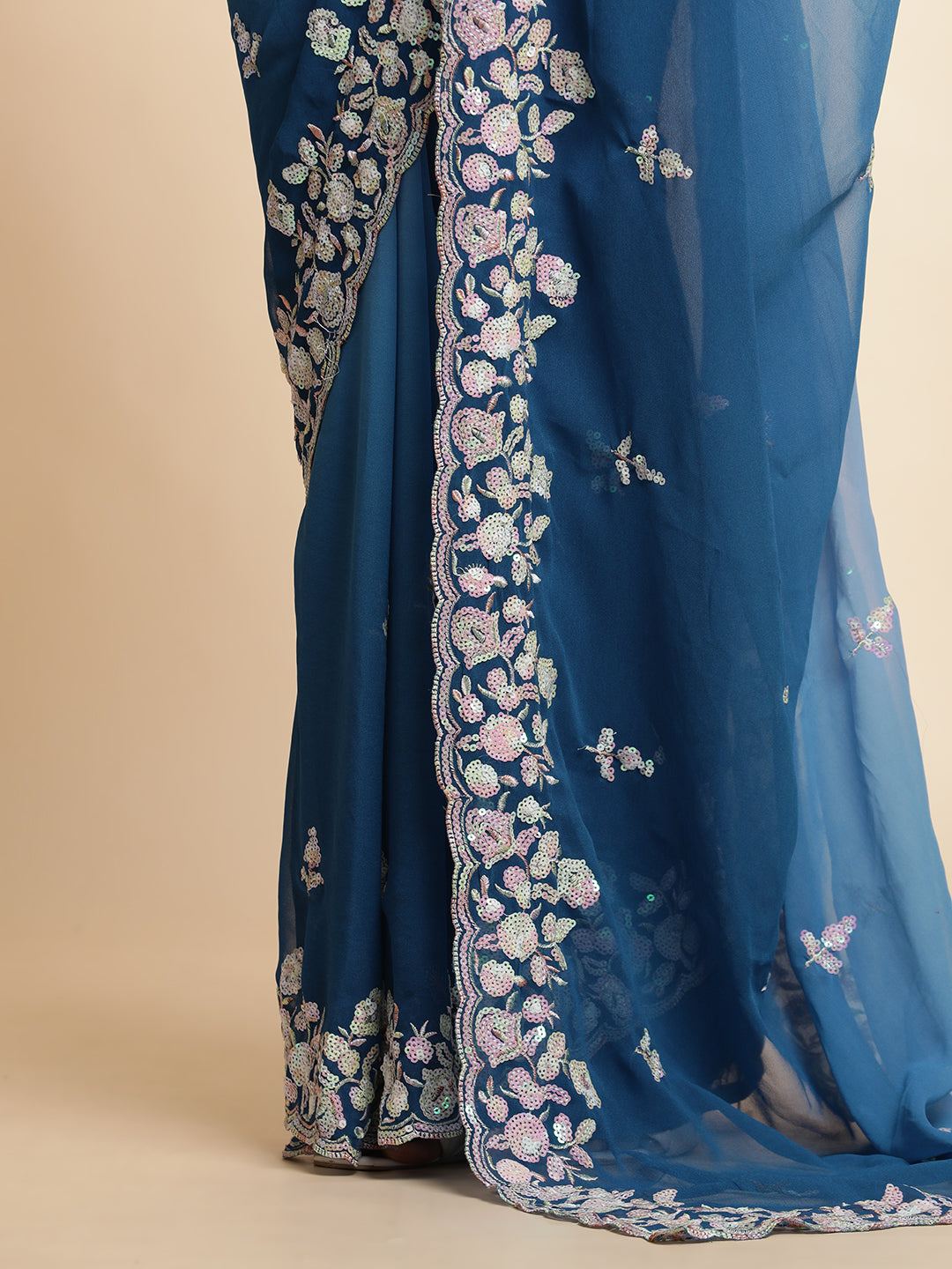 Blue Sequin Work Pure Georgette Saree