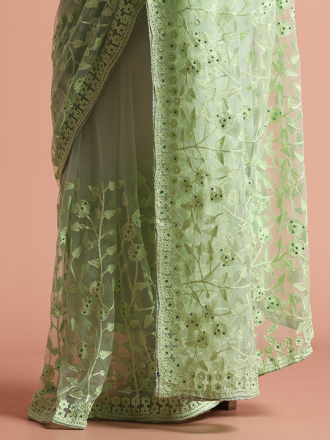 Party Wear Pista Green Floral Embroidered Net Saree