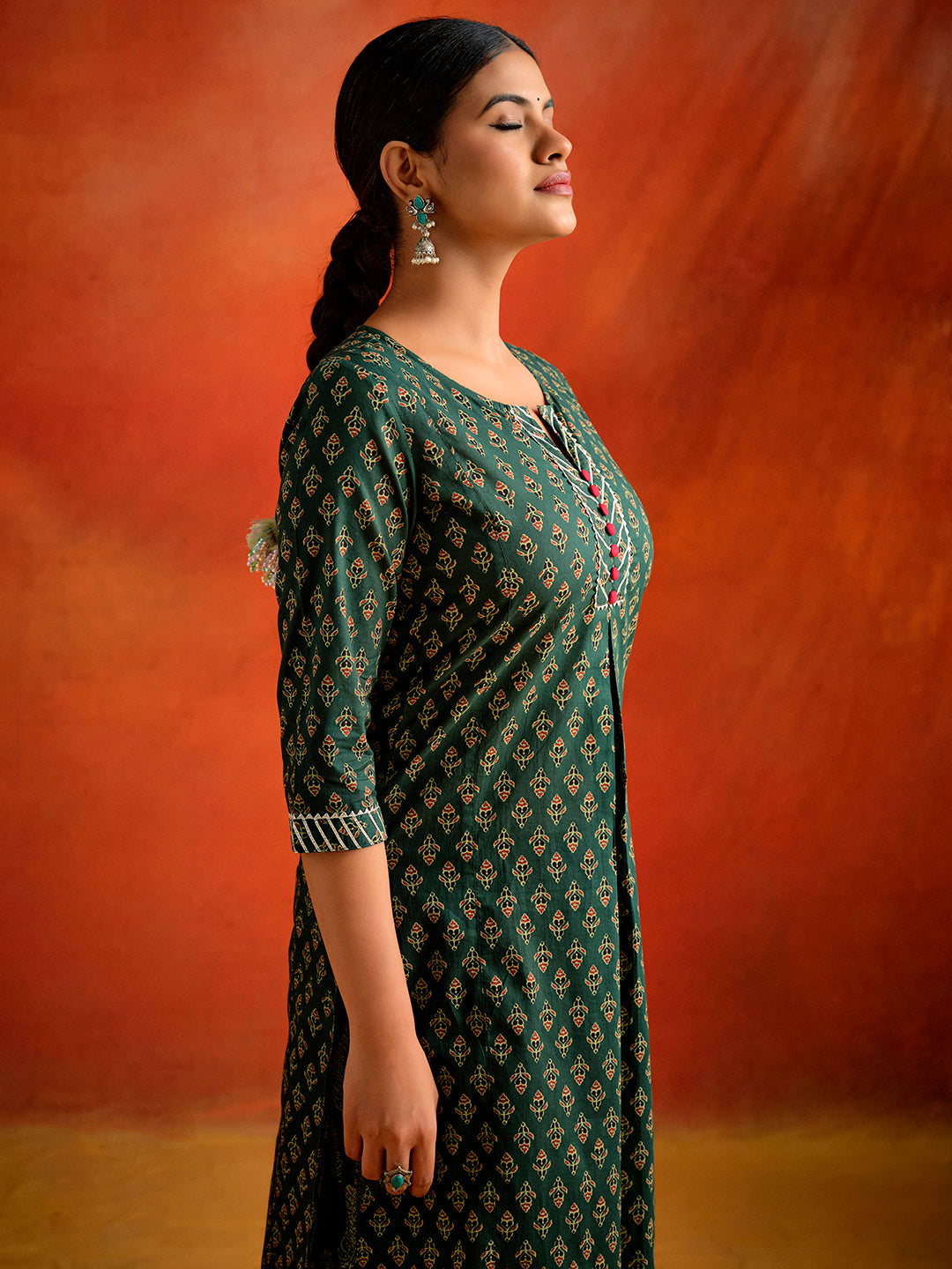 Dark Green Ethnic Motif Printed Straight Kurta With Palazzo