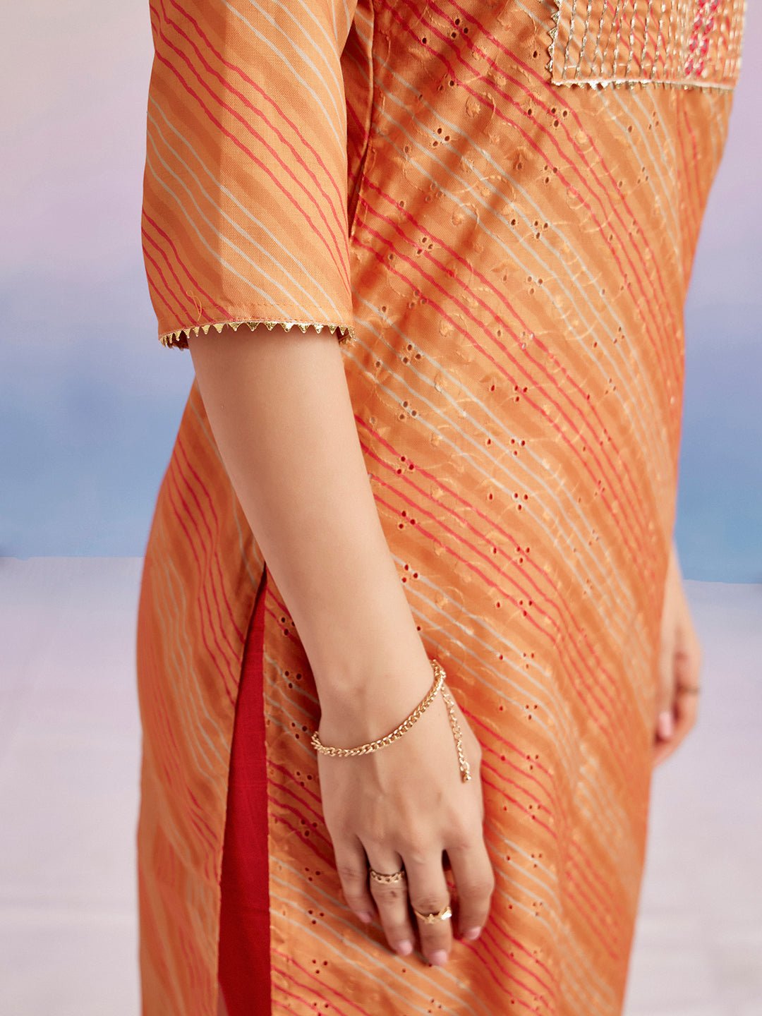 Leheriya Printed Schiffli Orange Straight Kurta