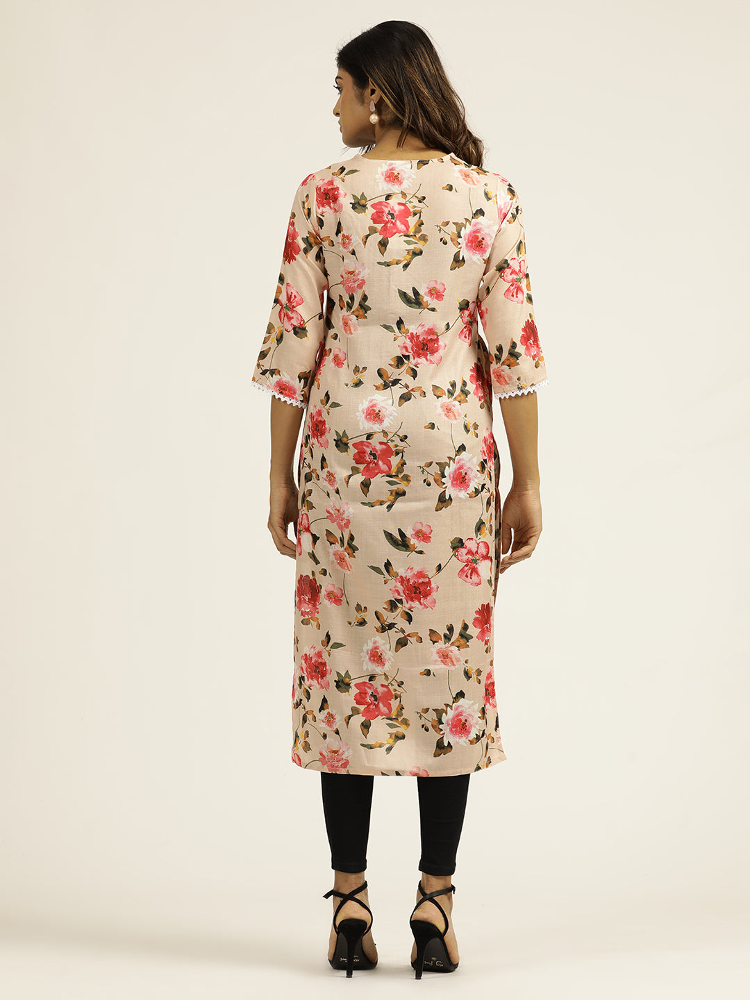 Peach Floral Printed Straight Kurta