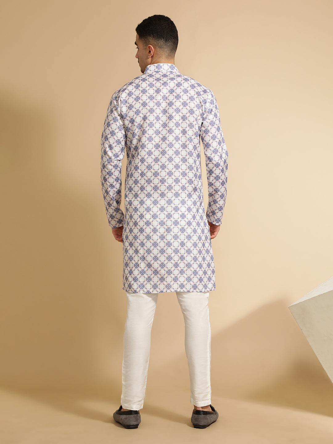 Off White & Blue Floral Printed Cotton Kurta for Men