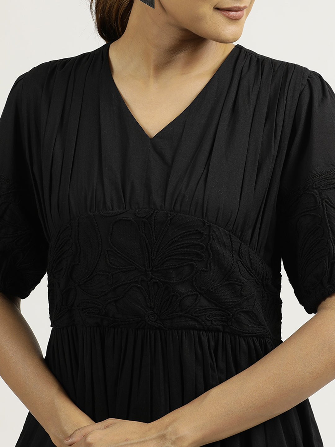 Black Dori Embroidered Gathered Cotton Dress