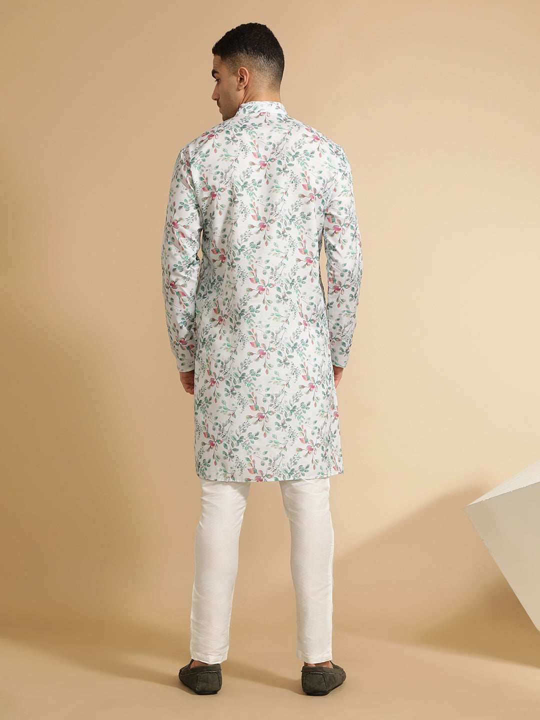 Off White & Green Floral Printed Cotton Kurta for Men