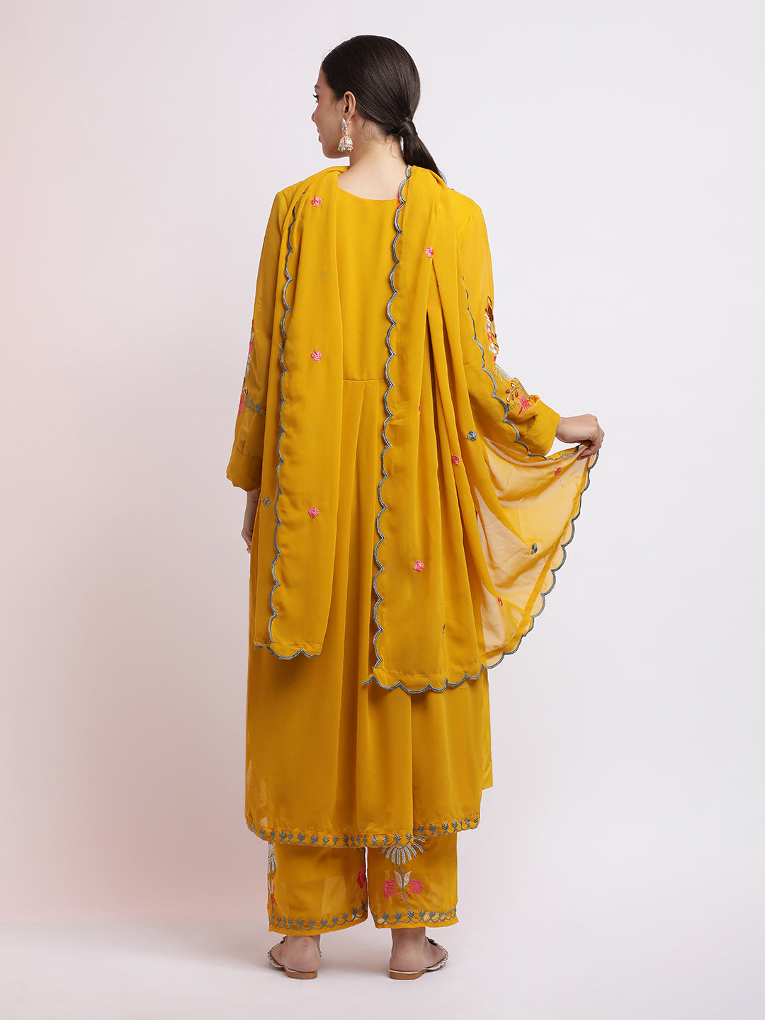 Yellow Thread Embroidered Georgette Kurta Set With Dupatta