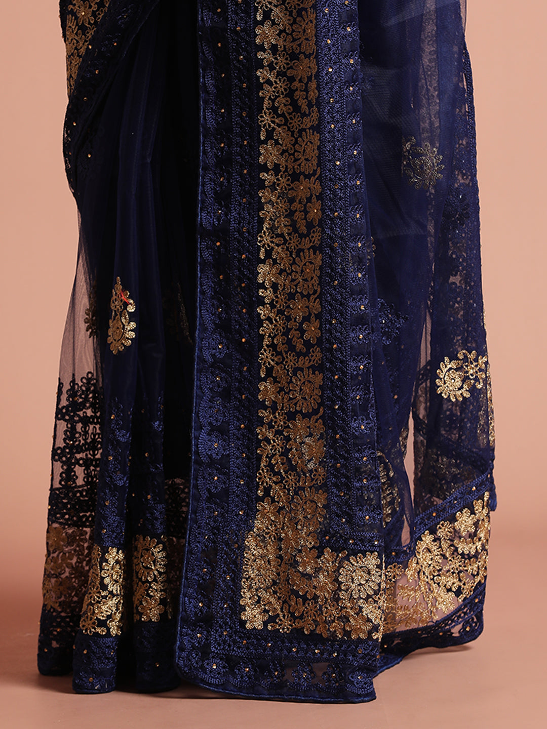 Navy Blue Floral Embroidered Net Party Wear Saree