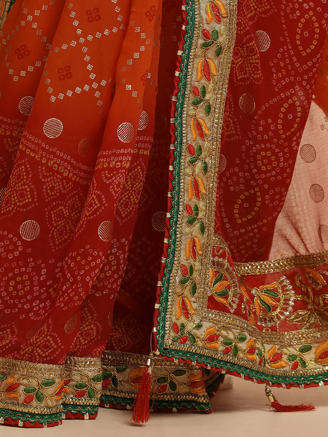 Red Traditional Bandhani Embroidered Pure Georgette Saree