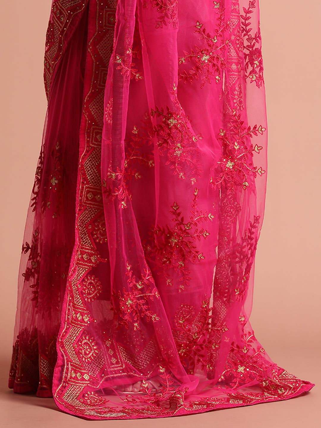 Pink Floral Embroidered Net Party Wear Saree