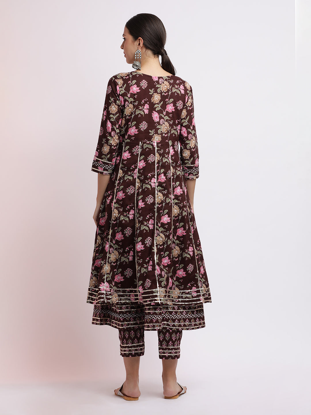 Brown Floral Printed Cotton Kurta Set With Dupatta