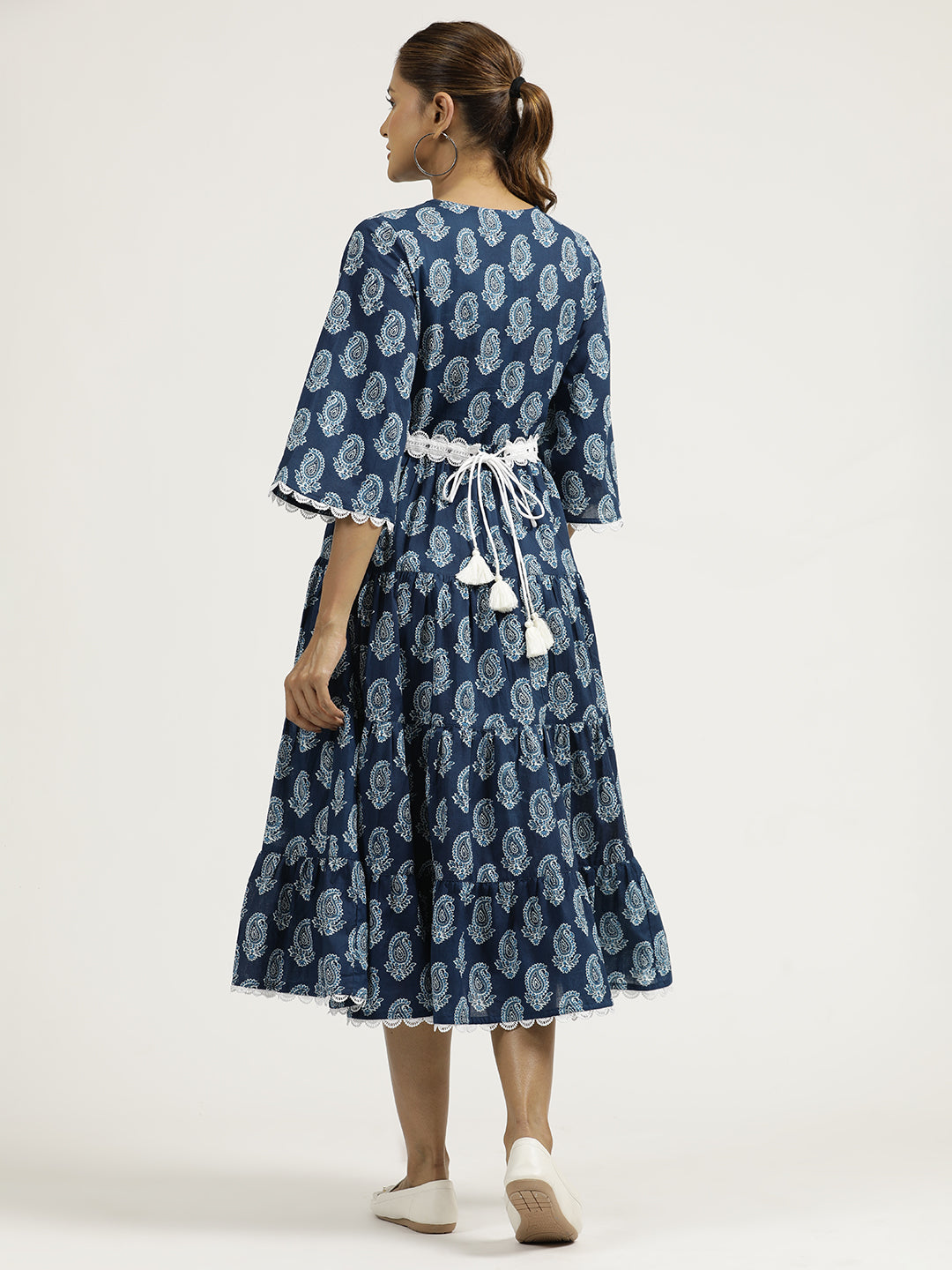 Paisley Indigo Blue Tier Cotton Dress With Belt