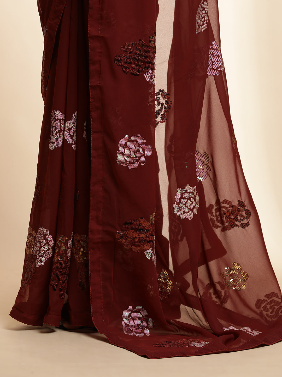 Maroon Sequin Embellished Georgette Heavy Saree