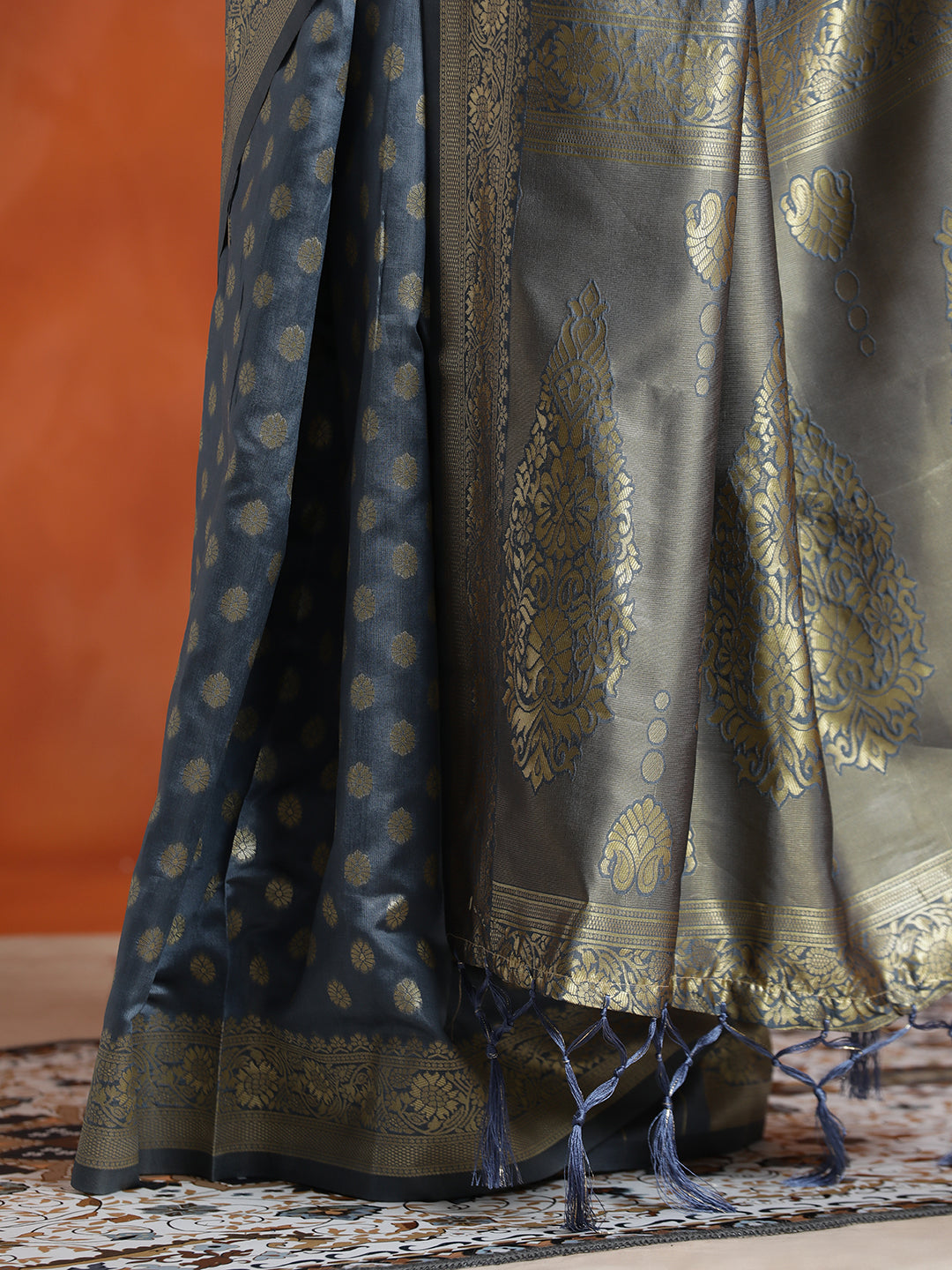 Grey Heavy Banarasi Zari Woven Silk Blend Saree