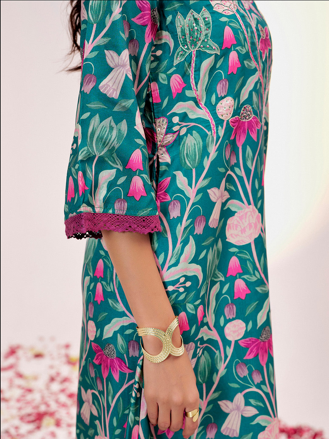 Green Botanical Printed A-line Kurta