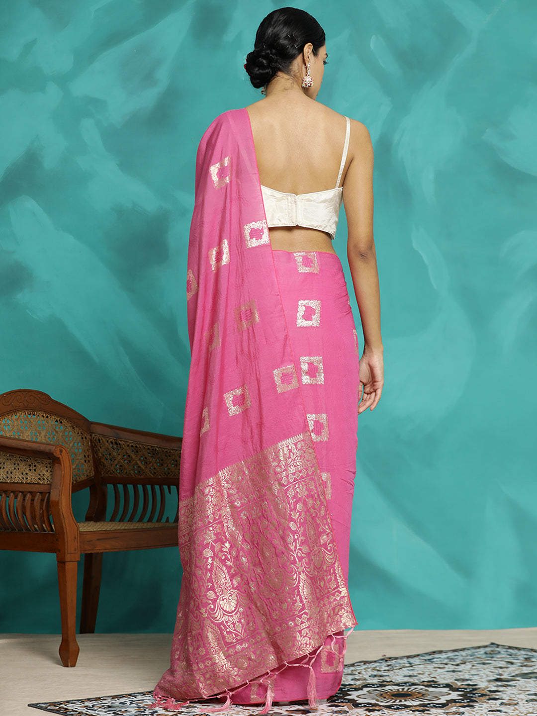 Pink Zari Woven Cotton Blend Banarasi Saree