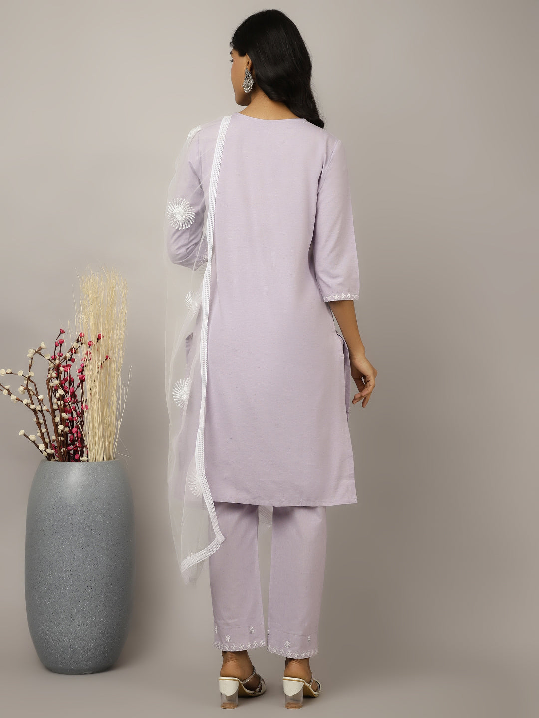 Lavender Sequin Embroidered Cotton Suit Set