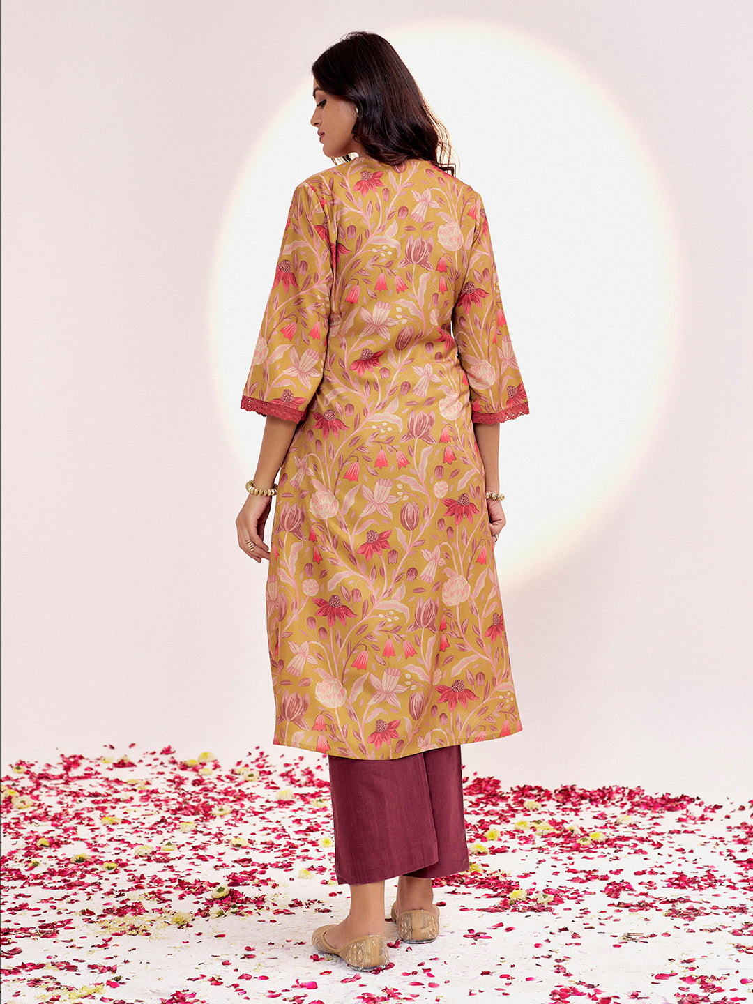 Mustard Botanical Printed A-line Kurta