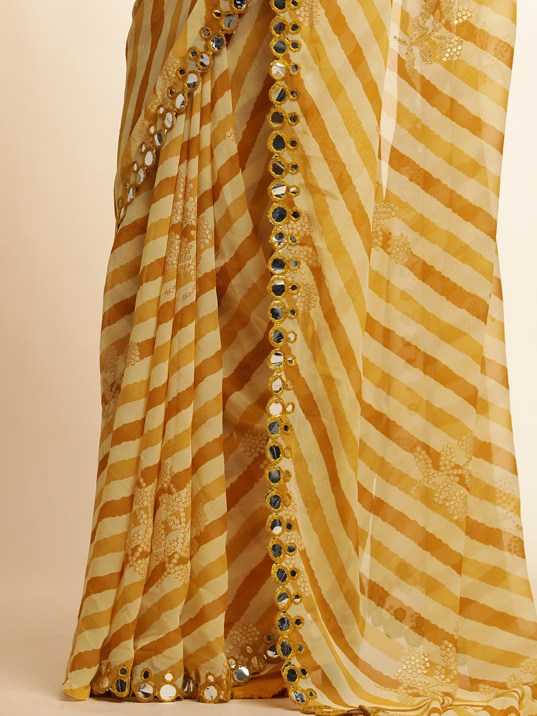 Pure Georgette Leheriya Mirror Work Yellow Saree