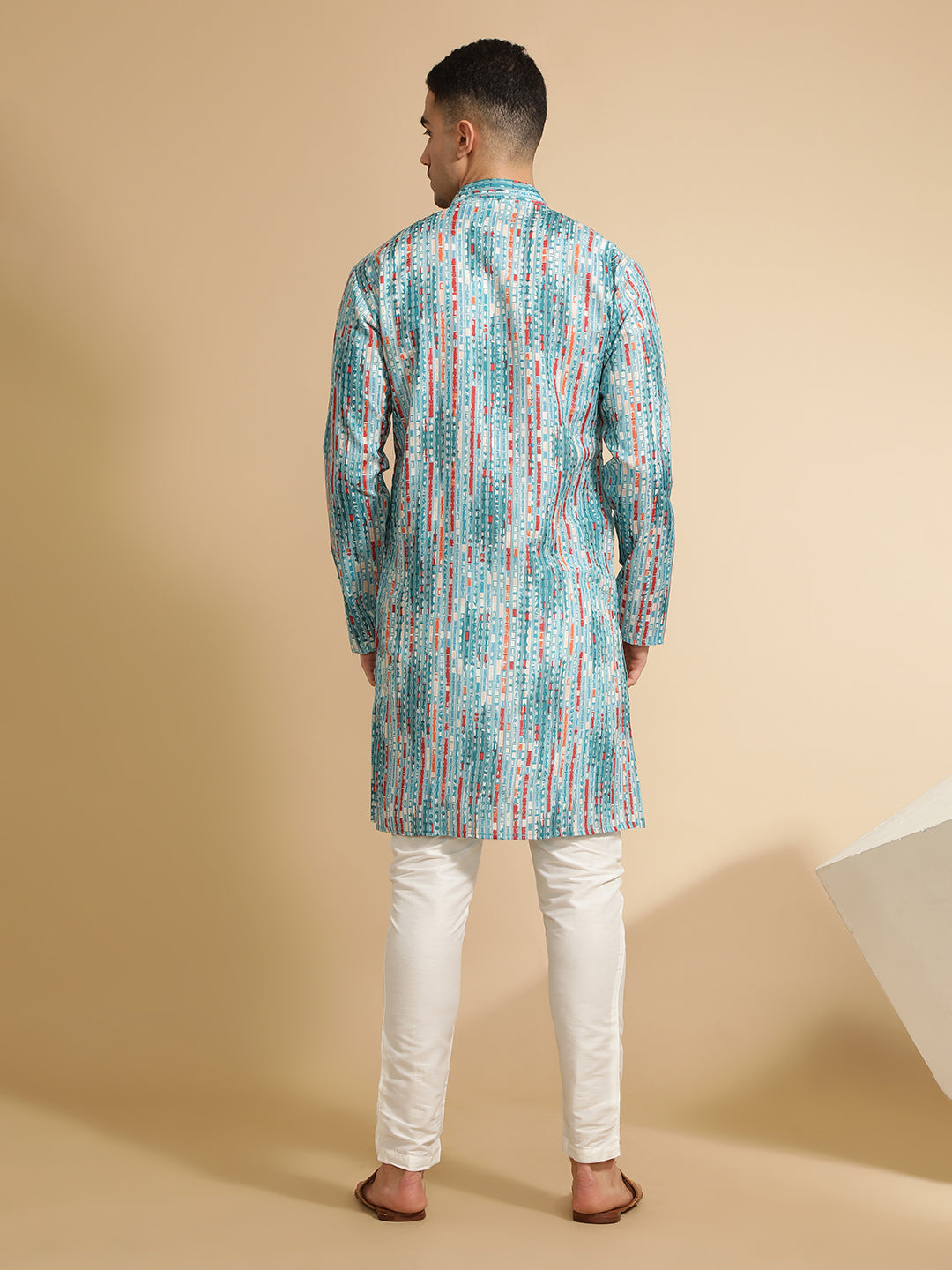 Teal Blue Abstract Printed Cotton Kurta for Men