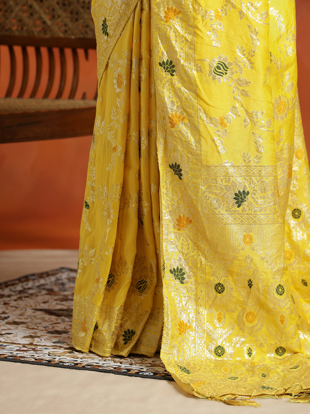 Yellow Silk Banarasi Floral Zari Woven Design Yellow Saree