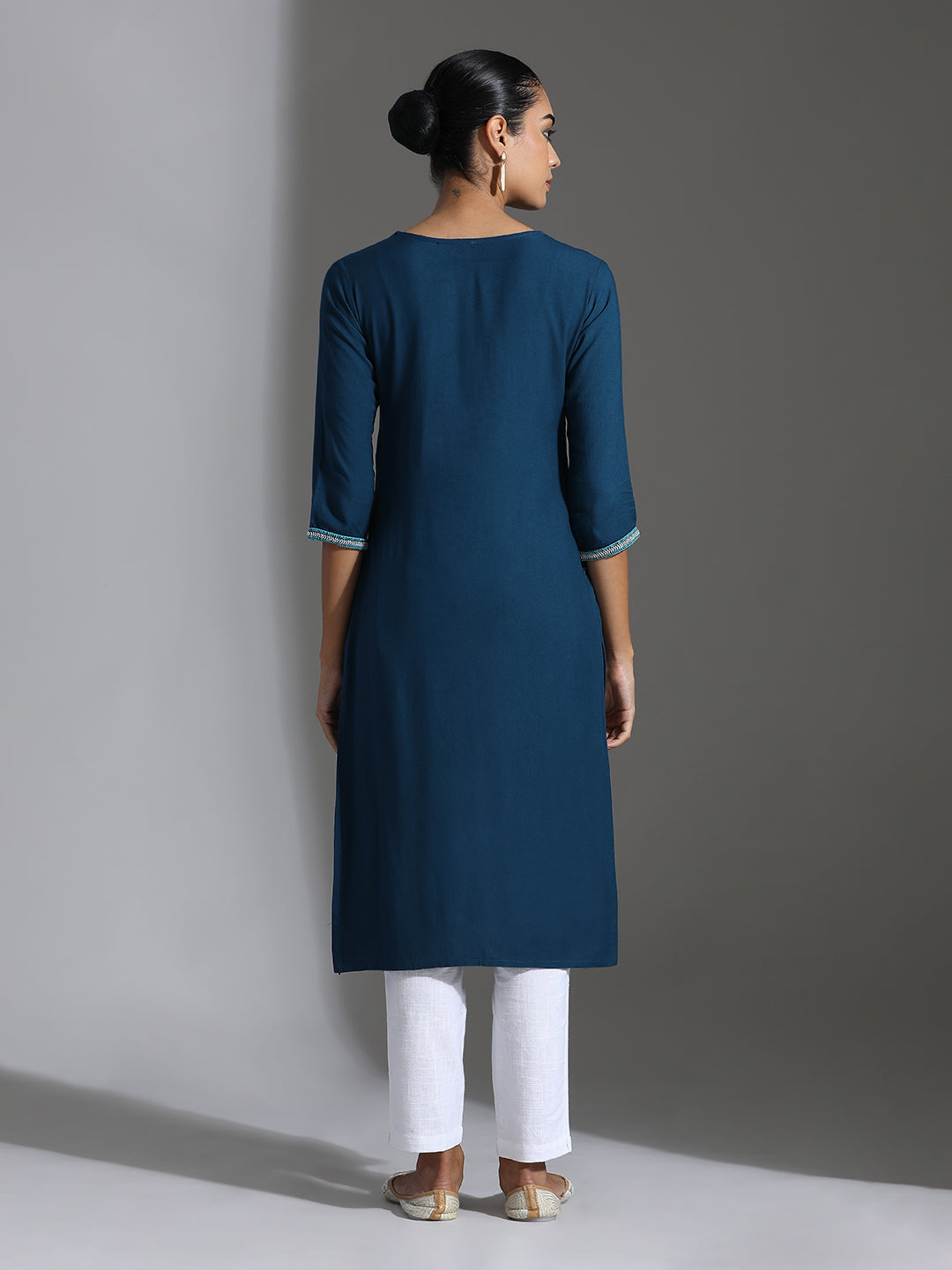 Teal Embroidered Rayon Straight Kurta