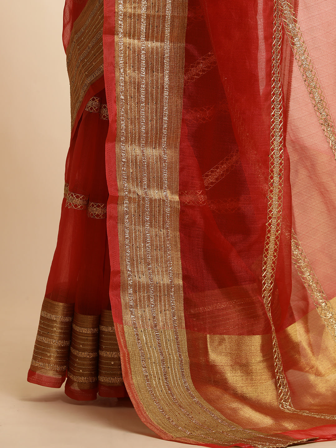 Woven Design Khadi Organza Red Saree