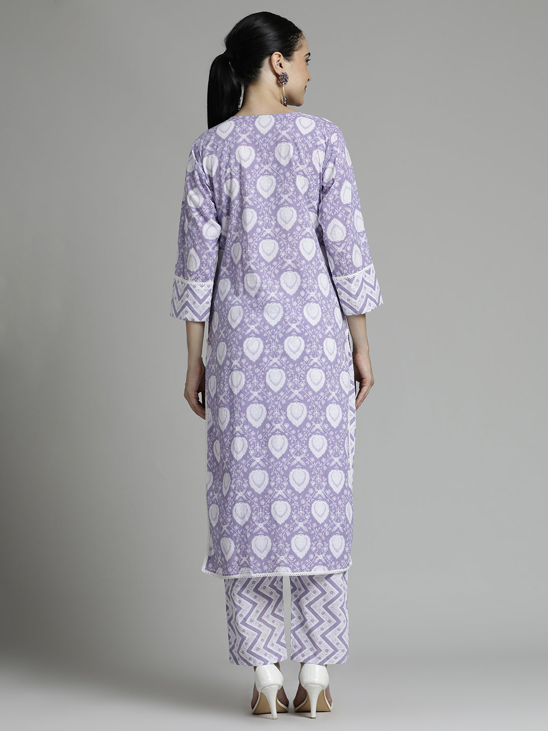 Lavender Ethnic Printed Cotton Kurta Set With Dupatta