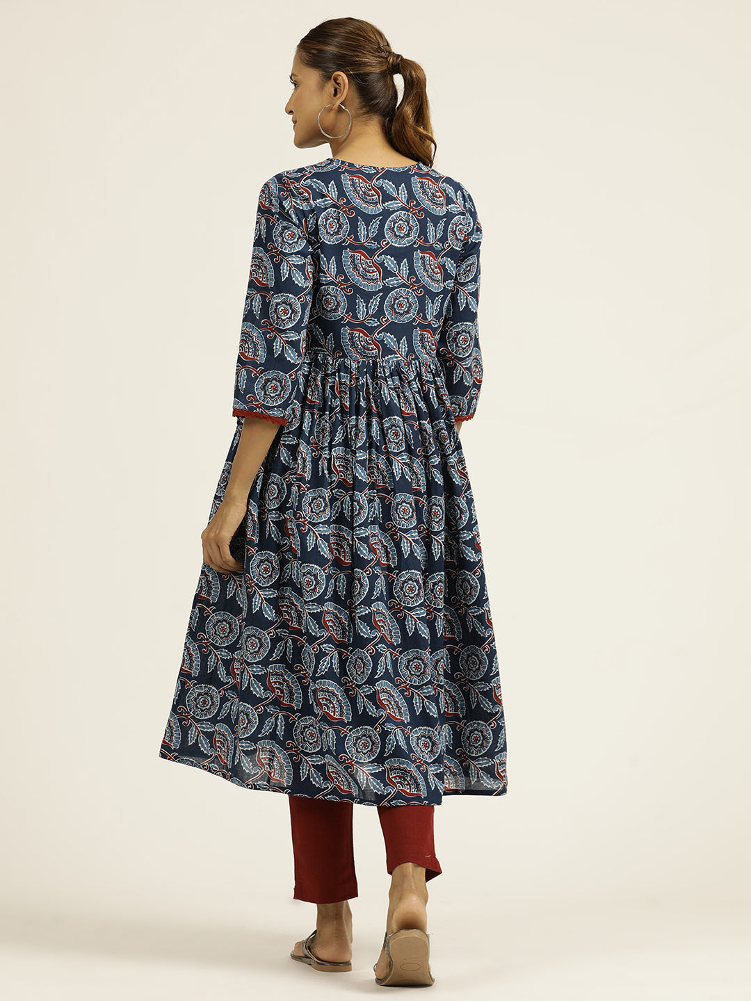 Ethnic Printed Indigo Cotton Gathered Kurta