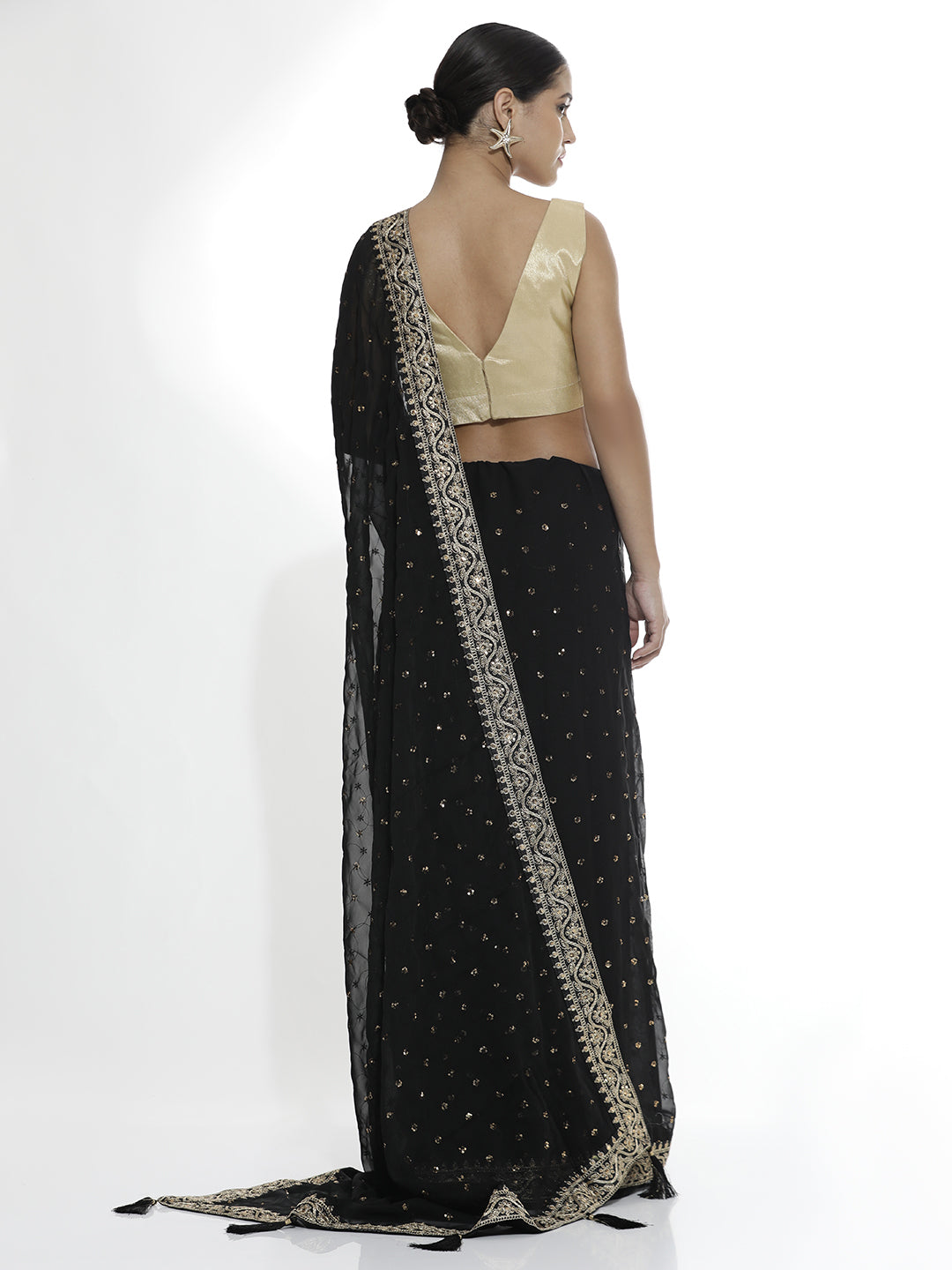 Pure Georgette Sequin Black Saree With Belt