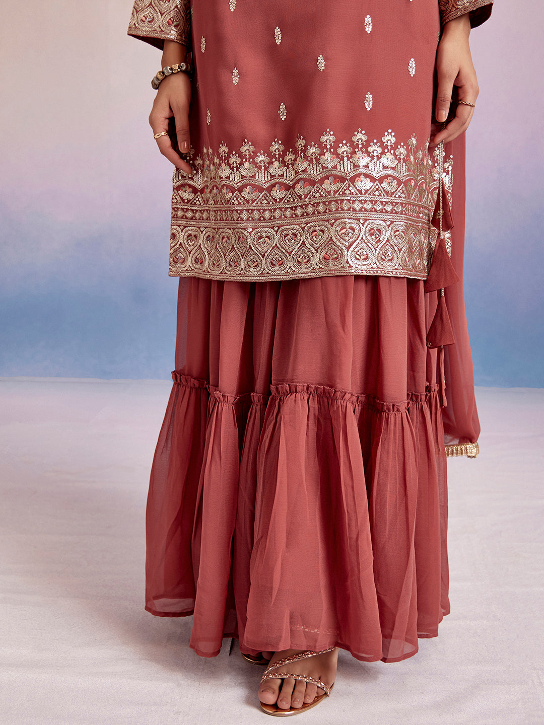 Embroidered Dusty Peach Straight Kurta With Sharara And Dupatta