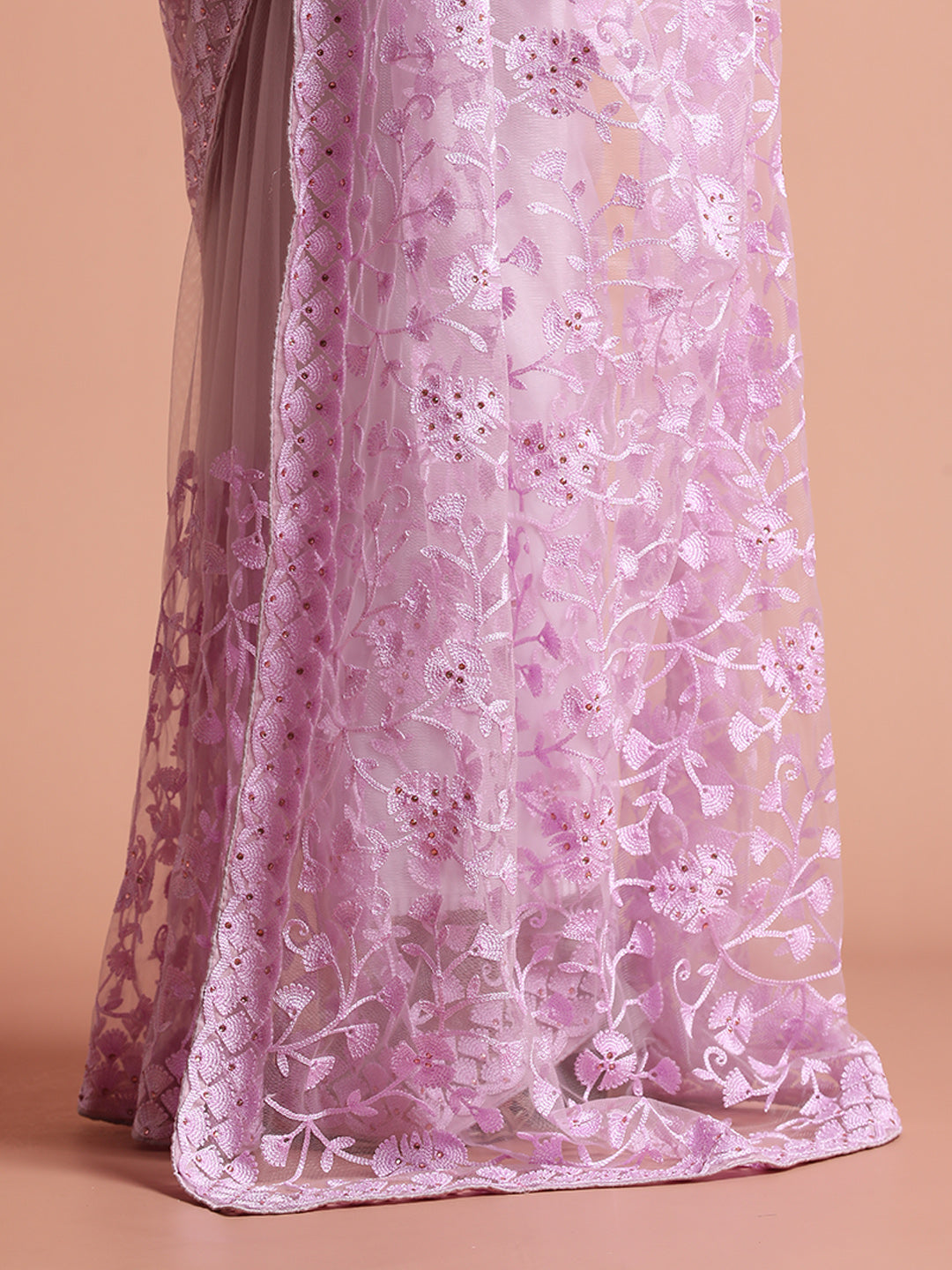 Lavender Party Wear Floral Embroidered Net Saree