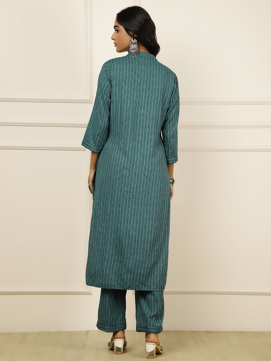 Teal Self-Design Straight Kurta With Palazzo