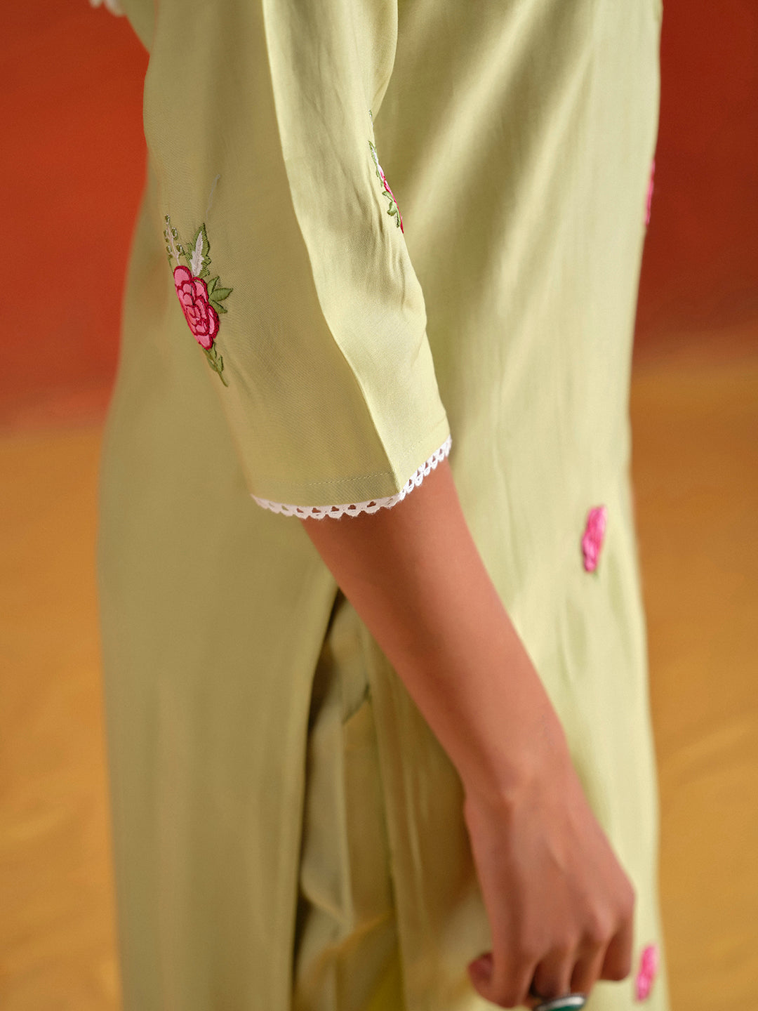 Lime Green Embroidered Viscose Chanderi Festive Kurta Set