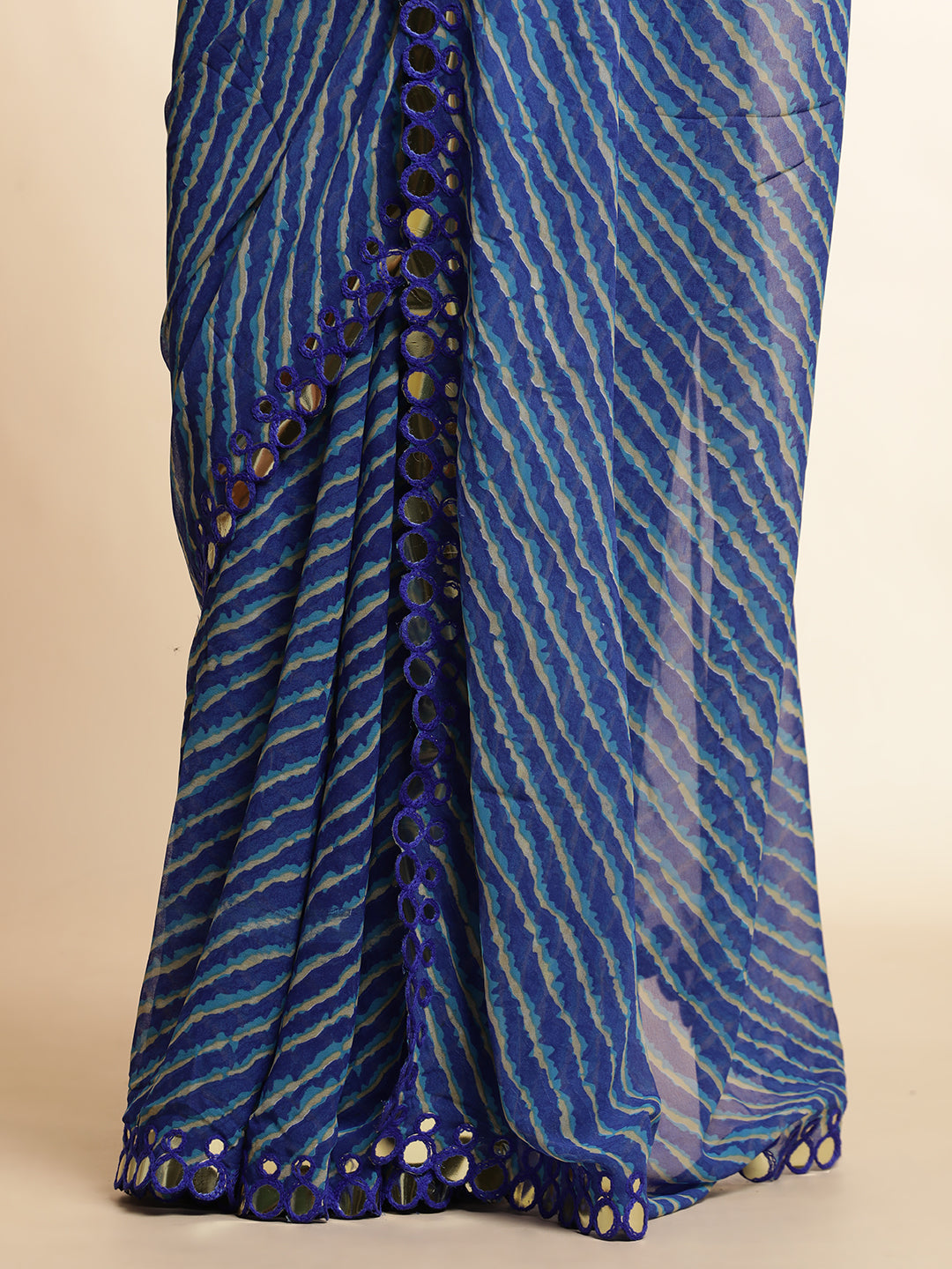 Blue Chiffon Leheriya Mirror Work Saree