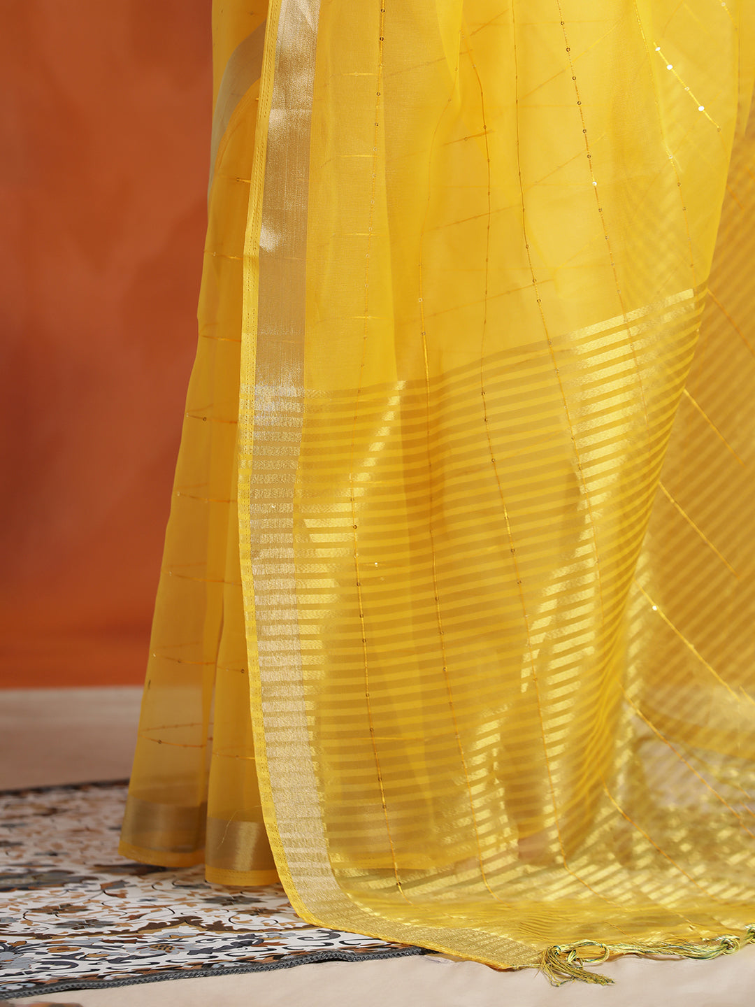 Yellow Sequin Embellished Banarasi Organza Saree