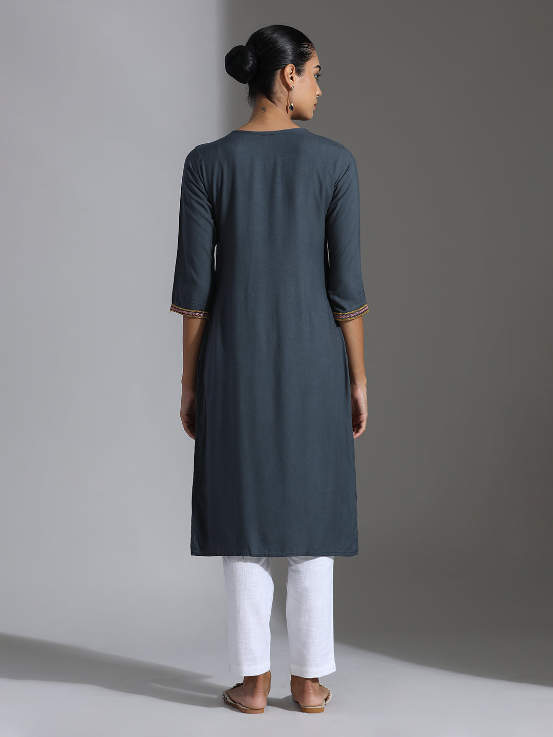 Grey Embroidered Rayon Straight Kurta