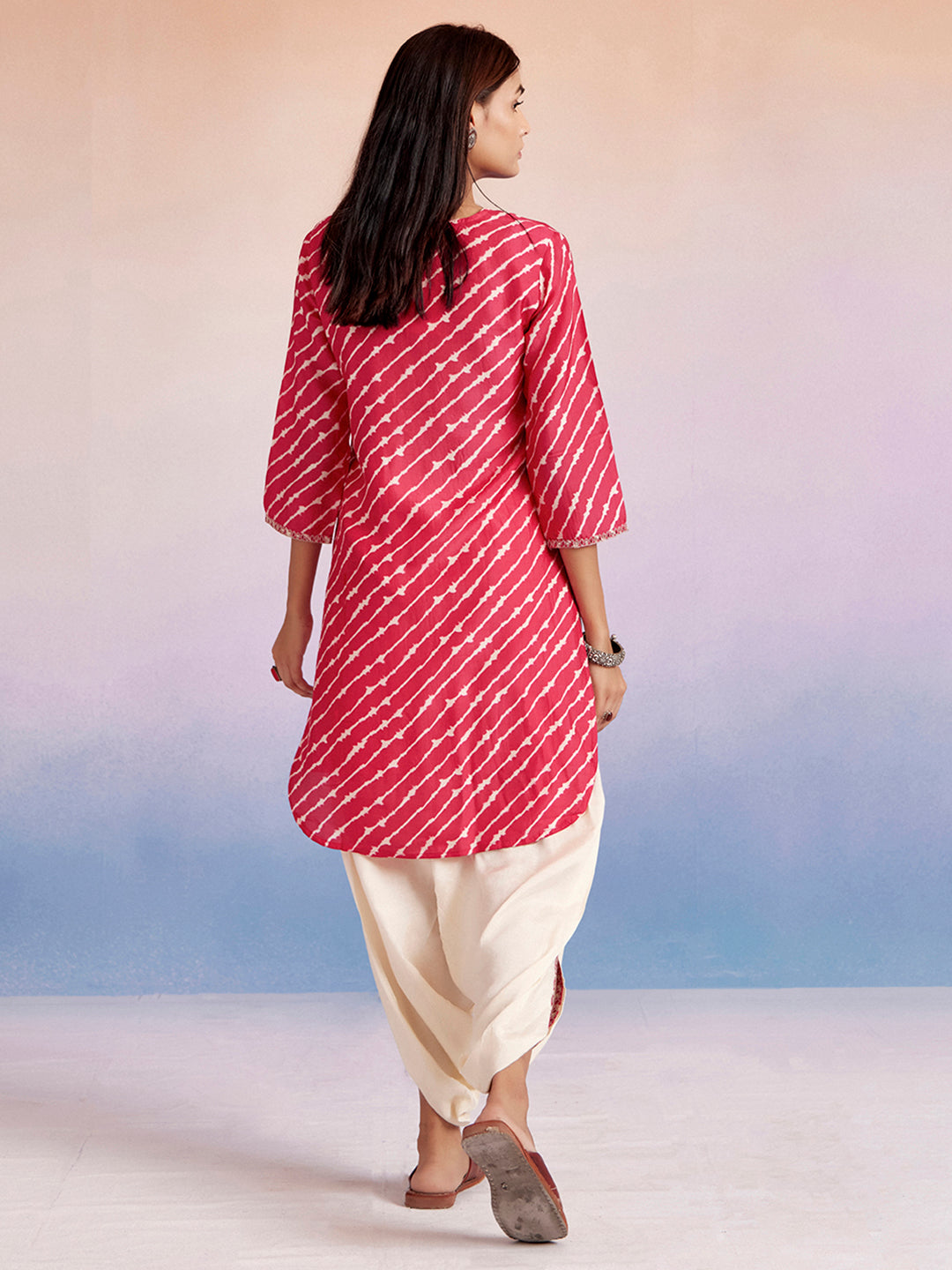 Embroidered Leheriya Fuchsia Kurta With Dhoti