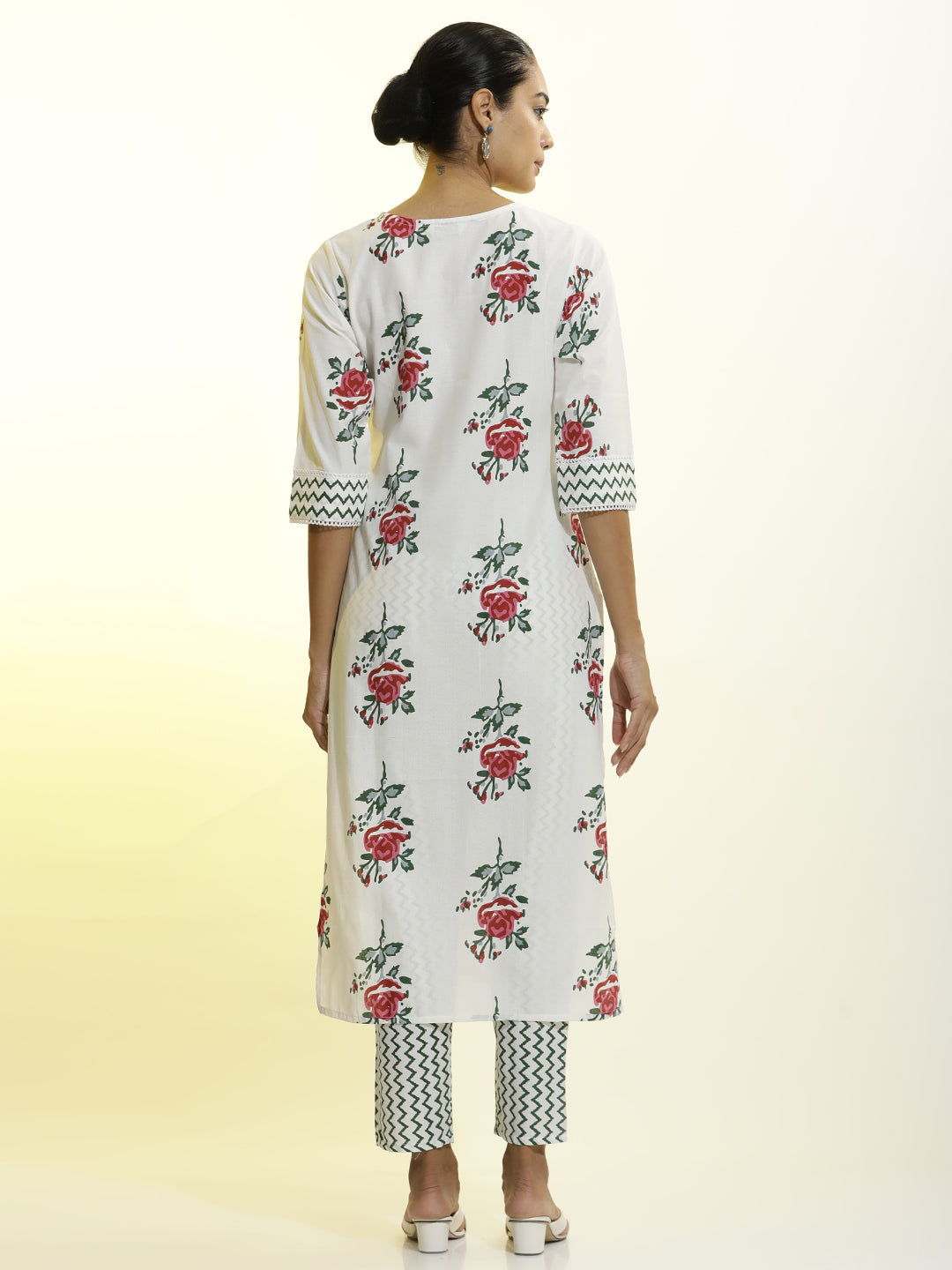 Floral Printed Cotton Straight White Kurta Set