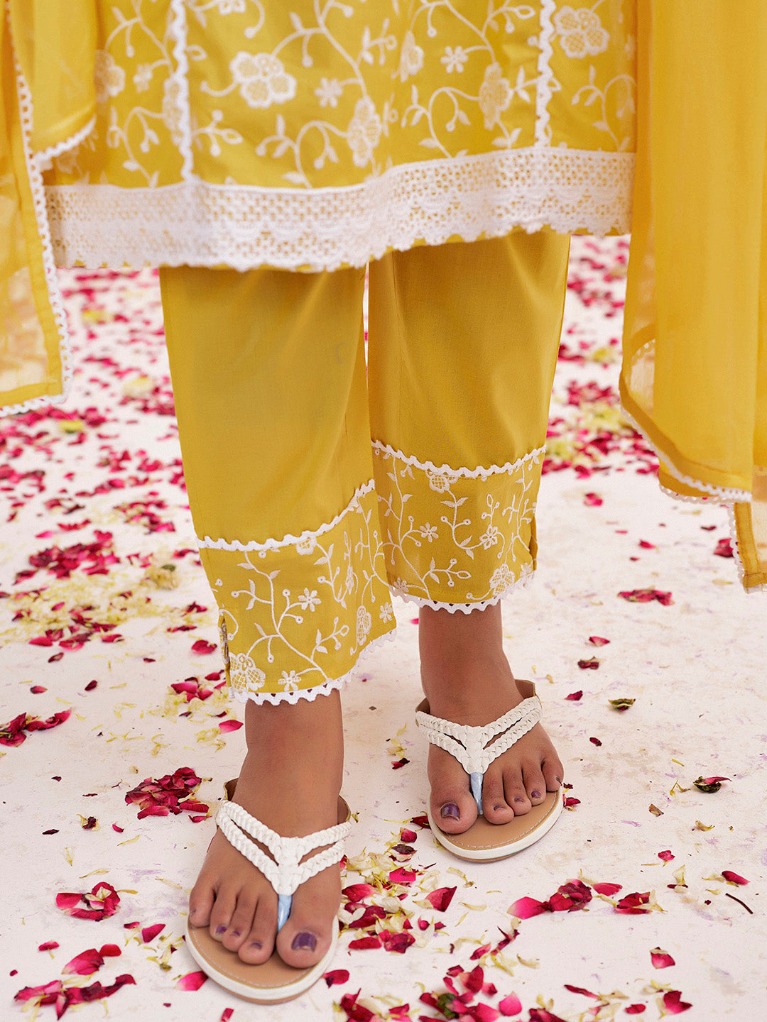 Yellow Pure Cotton Festive Chikankari Kurta Set With Dupatta