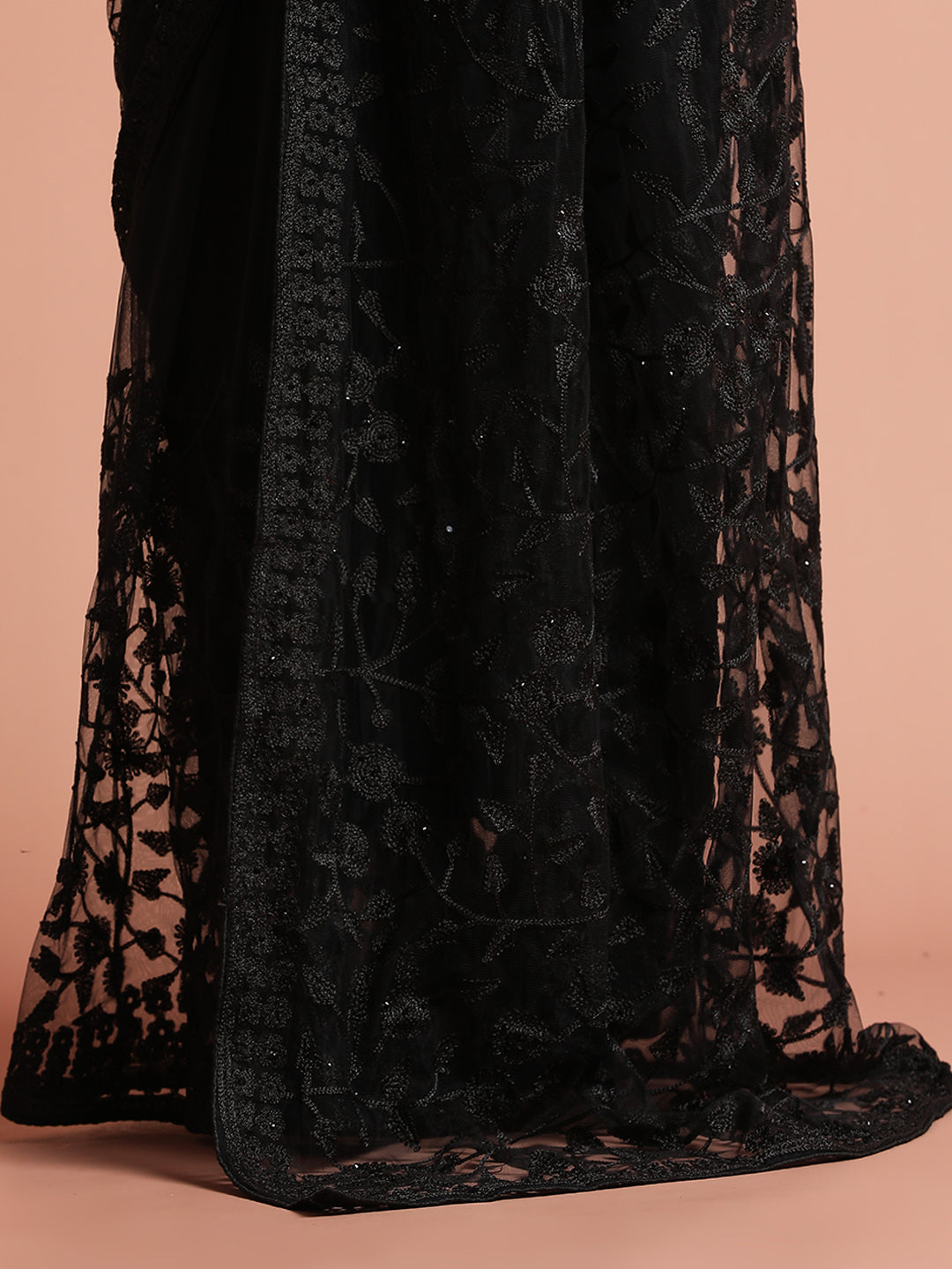 Black Party Wear Floral Embroidered Net Saree