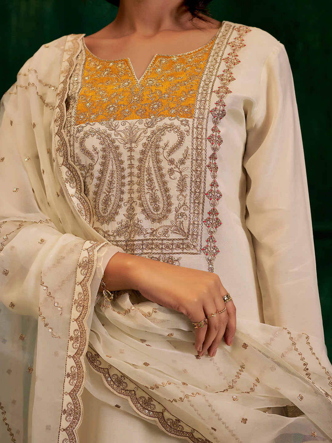 Cream & Mustard Zardozi Embroidered Festive Kurta Set With Dupatta