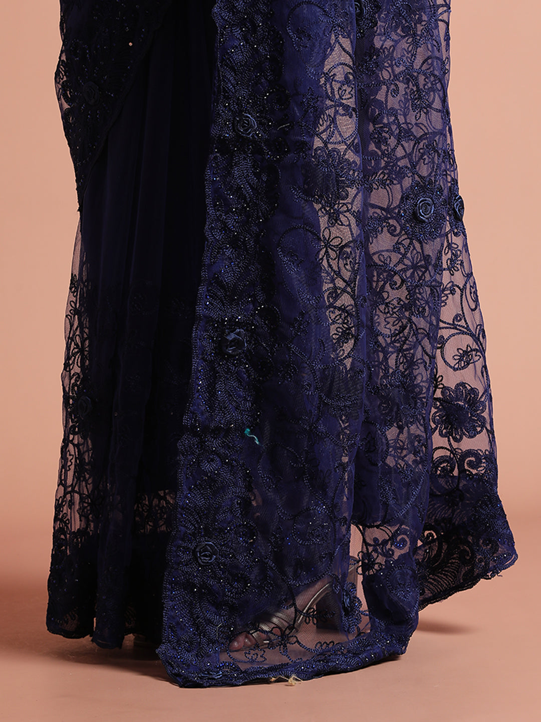 Navy Blue Embroidered Net Party Wear Saree