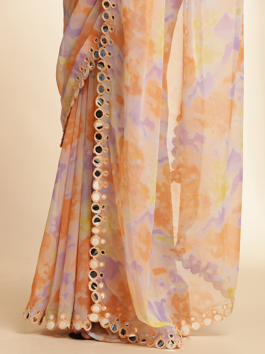 Peach Tie-Dye Mirror Work Pure Georgette Saree