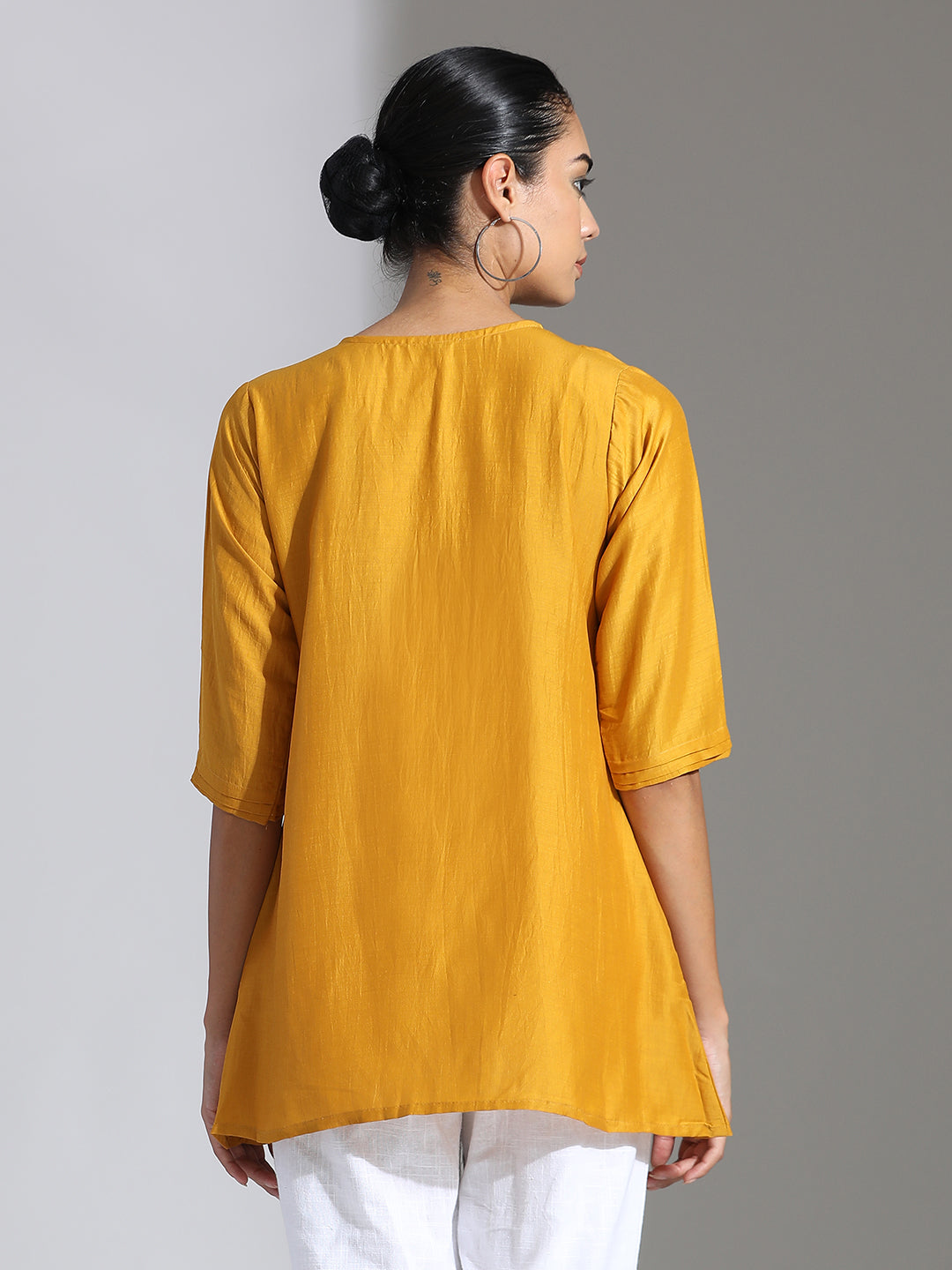 Mustard Embroidered Party Wear Gathered Top