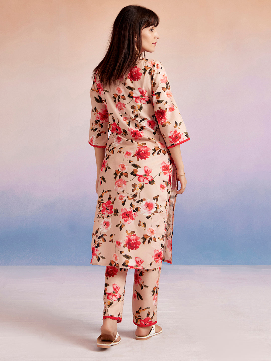 Peach Floral Printed Straight Kurta With Pants