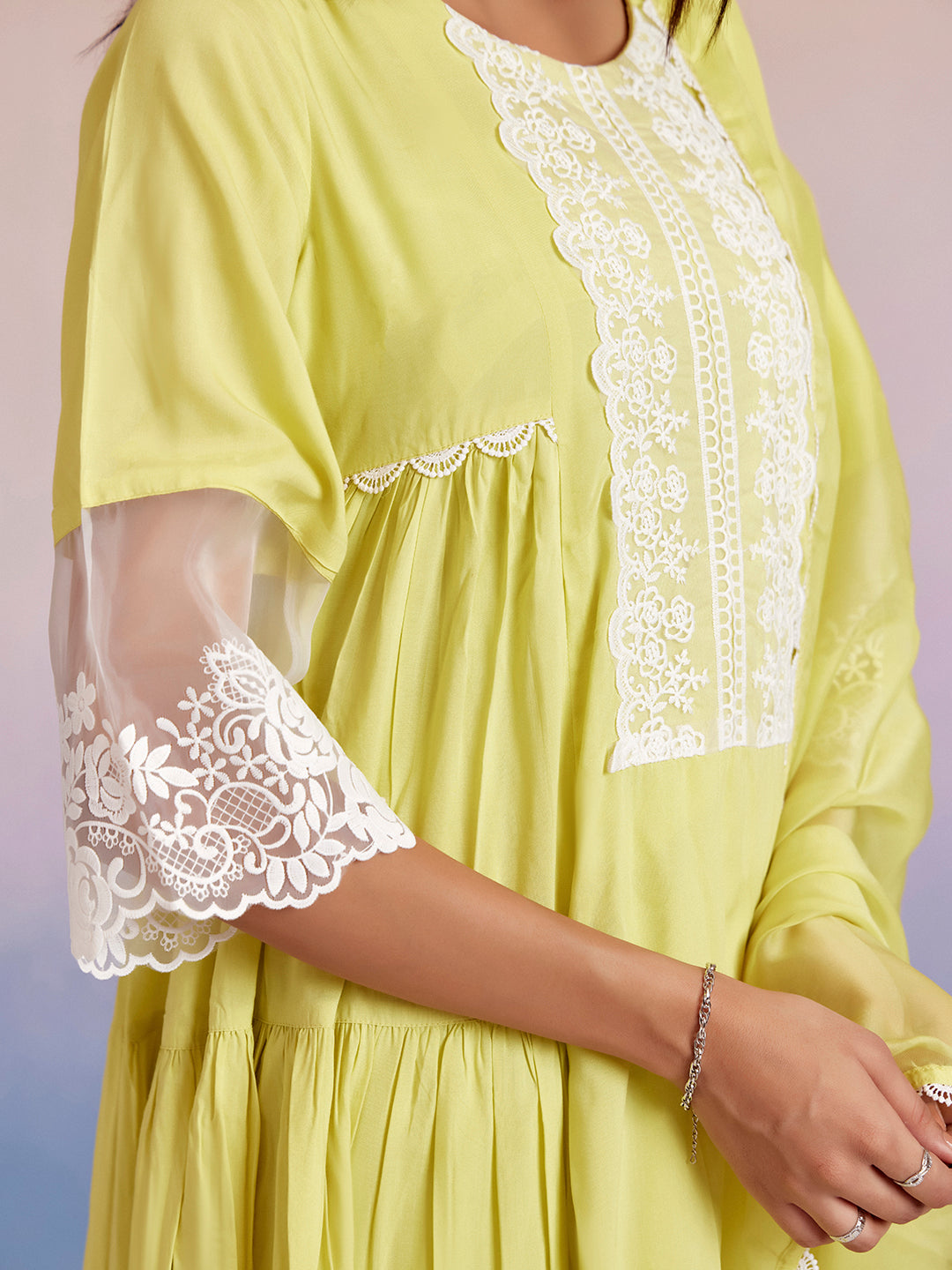 Lime Green Embroidered Tiered Festive Kurta Set With Dupatta