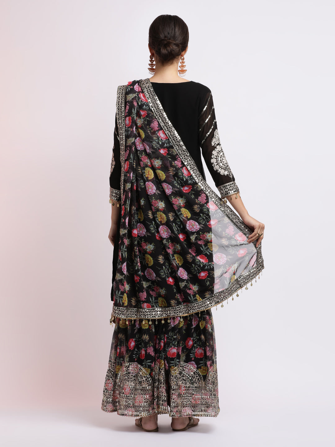 Black Zari Embroidered Kurta With Floral Sharara And Dupatta