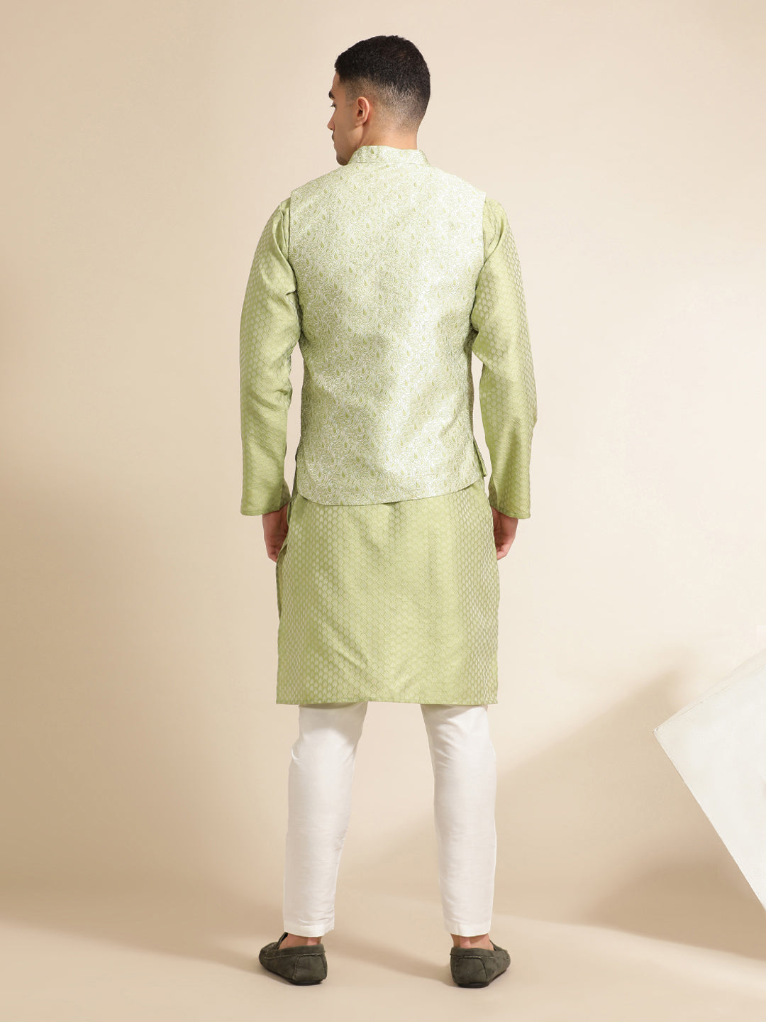 Mehandi Green Festive Kurta With Printed Nehru Jacket Set