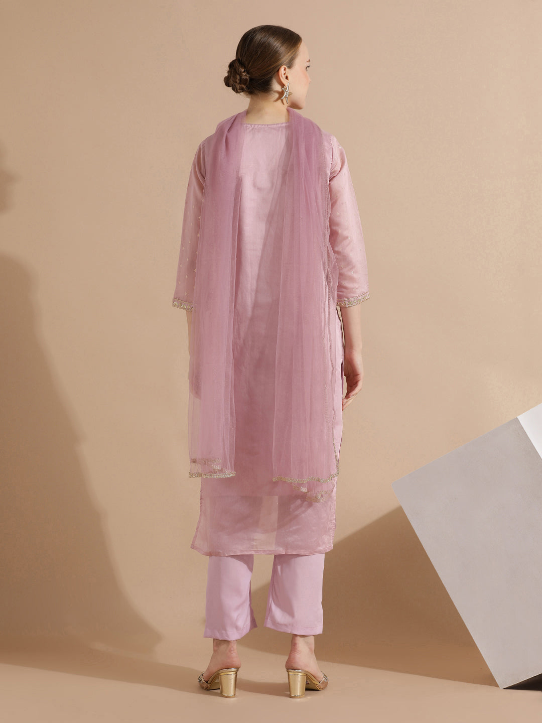 Pink Chanderi Woven Design Festive Kurta Set With Dupatta