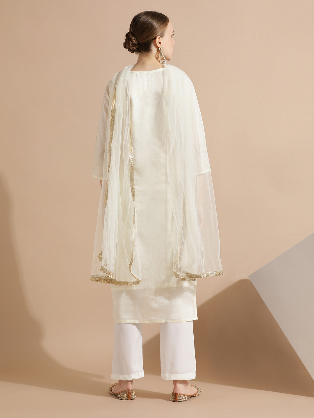 Off White Chanderi Woven Festive Kurta Set With Dupatta