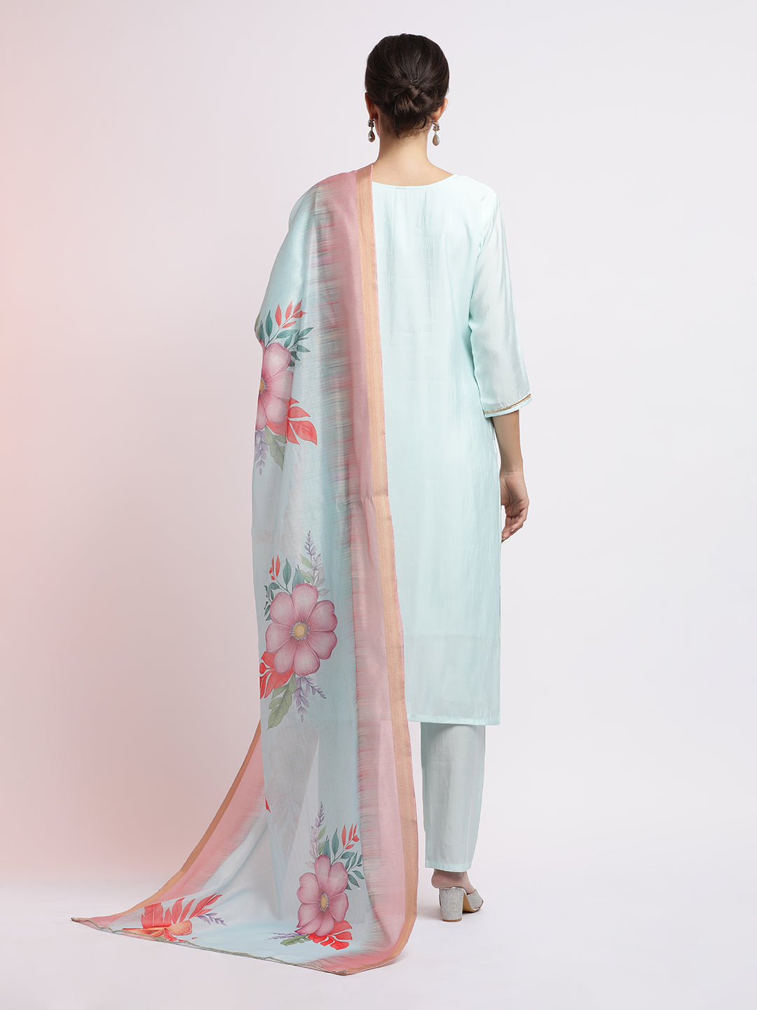 Sea Green Embroidered Cotton Blend Kurta Set With Dupatta